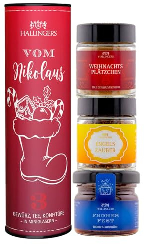 Hallingers Genuss Manufaktur Feinkost Weihnachts-Geschenk-Set - 3 Minigläser in edler Geschenkdose Vom Nikolaus veganes Mitbringsel Tee, Konfitüre & Gewürz, Weihnachten für Frauen Männer