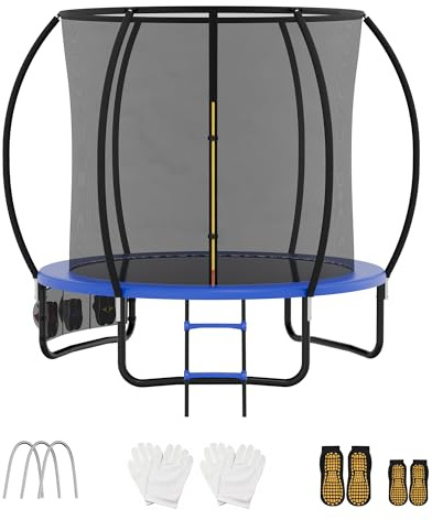 VFU Trampolín para exteriores, diámetro 222/305/366/427 cm, cama elástica infantil para jardín con red de seguridad, bolsa para zapatos y escalera, cama elástica redonda para niños con cubierta de
