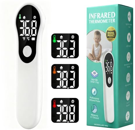 Termometro Digital Bebe y Adultos Termometro de Frente Infrarrojo sin Contacto Multiusos Alarma de Fiebre Lectura Instantánea Pantalla LCD y Recargable