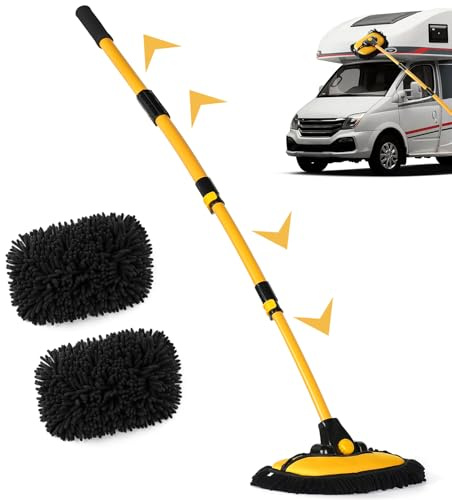 15° Bogen Autowaschbürste mit Stiel 144CM Aluminium Auto Waschbürste mit Teleskopstiel, Kratzerfreie Reinigungsbürste für Auto LKW Wohnwagen SUV Wohnmobil, Teleskop Waschbürste mit 2 Mop-Köpfen