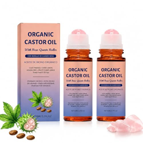 Ekologisk ricinolja rosenkvartsrulle, 2 stycken ricinolja kallpressad ekologisk 50 ml rulle boll Castor Oil Organic Castor Oil Rose Quartz Rol-ler boll djup fukt och skonsam vård för alla hudtyper