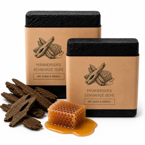 TBS Natürliche Schwarze Seife für Männer – 2 x 100 g, mit Ziegenmilch, Sheabutter, Honig, Oud und Neroli – bei Akne und fettiger Haut, mit Aloe Vera, Ashwagandha und Grünem Tee