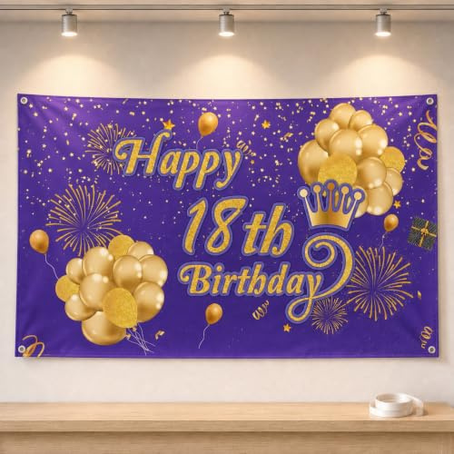 18th Birthday Backdrop Purple Gold for Girls, Adult Milestone Party Banner