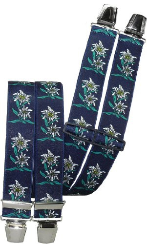 Harrys-Collection Hosenträger Herren 4 Clips 35mm Edelweiss, schwarz | Edelweiß-Design für die Tracht, H-Form, verstellbarer Träger, rutschfester Halt für Lederhosen, elastisch und bequem