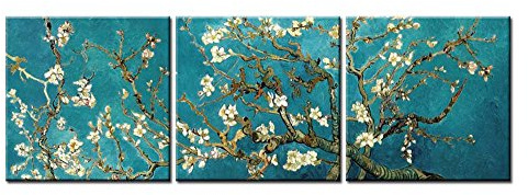 Van Gogh Blühende Mandelbaum Bilder Leinwand 3 Teilig Bild Blaugrün Wandbilder Wohnzimmer Moderne für Schlafzimmer Dekoration Wohnung Home Deko Kunstdruck