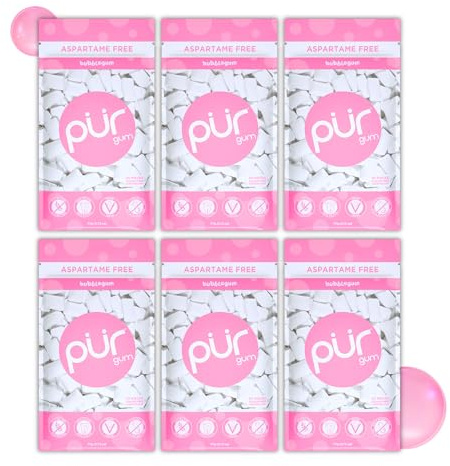 PUR Gum | Gomma Da Masticare Senza Zucchero | Con Xilitolo | Vegana, Senza Aspartame e Senza Glutine | Gomma Naturale Al Sapore Di Bubblegum, 55 Pezzi (Confezione da 6)