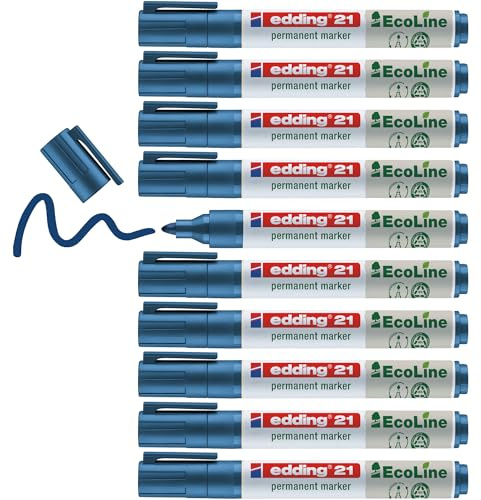 edding 21 Ecoline Permanentmarker - blau - 10 Stifte - Rund-Spitze 1,5-3 mm - schnell trocknender Permanent Marker - wasserfest, wischfest - für Karton, Kunststoff, Holz, Metall - Universalmarker