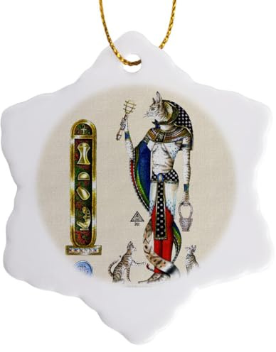 3 inch Snowflake Porcelain Ornament - Bast Egyptian Cat Goddess Pagan Art Badhead Gadroon Mythology