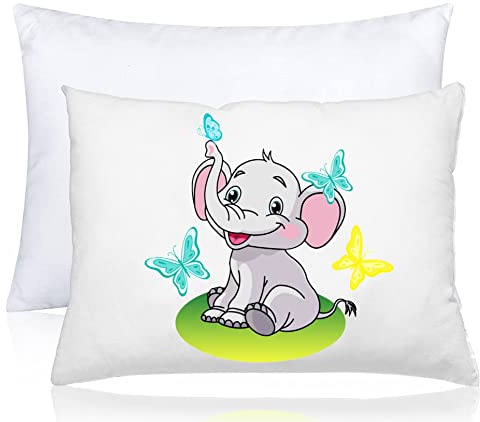 kinder Fluff Fluffig barnkudde för småbarn med kuddfodral – Elefantdesign, 100% bomullsskal, dunalternativ fyllning (utan fjädrar), 33x46 cm, maskintvättbar