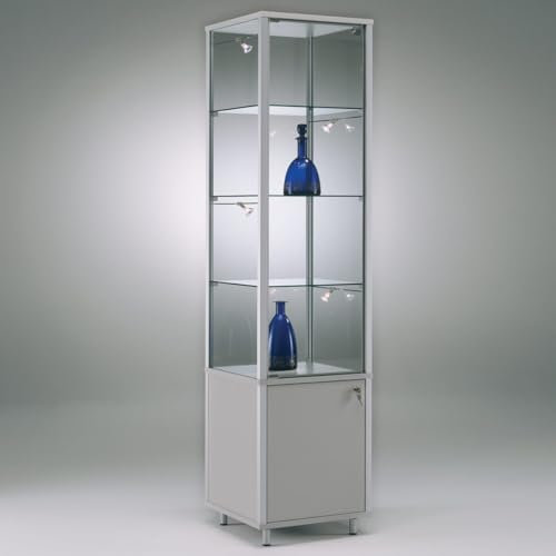 MHN Glasvitrine mit Rollen T 41,5 x B 41,5 x H 183 cm - schmale Ausstellungs-Vitrine mit Unterschrank abschließbar - Glas Vitrinenschrank & LED-Beleuchtung - Spiegel-Rückwand