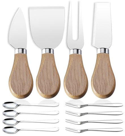 Linwnil 12 Pcs/Set Cheese Knives with Wood Handle Steel Stainless Cheese Slicer Cheese Cutter & 4 Fruit Forks, 4 Coffee Spoons