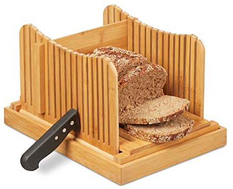 Relaxdays Cortador de Pan, Tabla Cortar con Guía y Recogemigas, Para Rebanadas de Tostada y Bizcocho, Bambú, Marrón