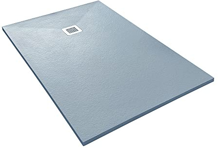 Veroni Duschwanne aus Kompositstein mit Schiefer-Muster flach (TxBxH) 120 x 80 x 3 cm Grau | Schieferstruktur, flach und modern, rutschhemmend, robust, inkl. Ablaufgarnitur