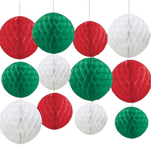 KAHEIGN 12Pcs Christmas Decoration Honeycomb Balls, 3 Colors Large Tissue Paper Pom Poms Pompoms Flower Balls for Christmas Party Supplies Xmas Hanging Accessory