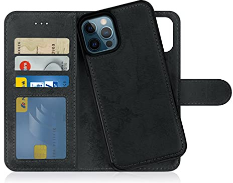 MyGadget Flip Fodral för iPhone 12 | 12 Pro - [avtagbart magnetfodral] - mobilfodral av läderimitation - [flipfodral med kortplats] skyddsfodral i grått svart