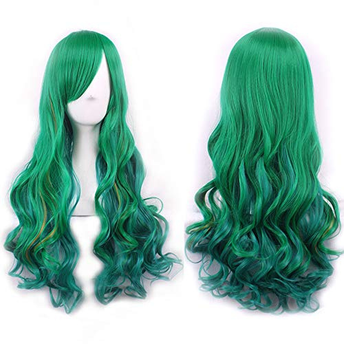 Cosplay Perücken Grün für Frauen, Lange Gewellte Bunte Farbiges Lockiges Haar mit Pony Synthetische Halloween Perücke für Party kostüm