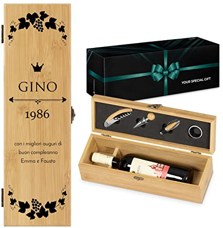 Maverton Cofanetto Porta Vino Amore Completo di Accessori, Set Cavatappi da | Vino Personalizzato, Scatola in legno di bambù + 4 pezzi di Accessori Vino, regalo uomo, regalo di Natale, Auguri