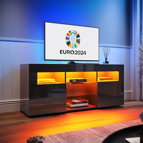ELEGANT Black TV Stand Cabinet 120cm High Gloss TV Unit with LED Lights, TV Cabinets for Living Room Bedroom with 2 Glass Shelves and 2 Doors, Handleless Design