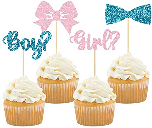 36Pcs Boy or Girl Cupcake Toppers Glitter Bow Tie Cupcake Picks Baby Shower Cake Topper Decorations for Kids Birthday Gender Reveal Party Cake Decorations Supplies