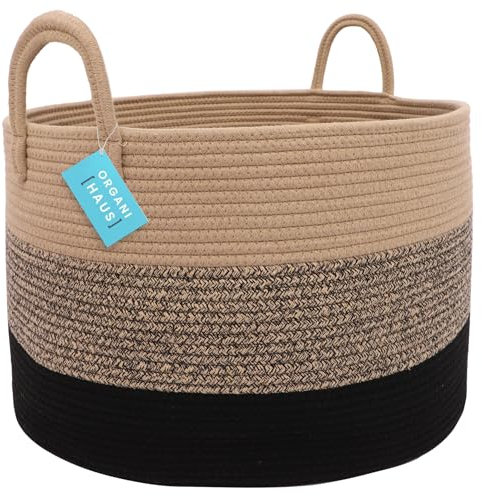 OrganiHaus Korb Geflochten Rund, Wäschekorb Geflochten, Korb Aufbewahrung Groß, Aufbewahrungskorb Kinderzimmer, Aufbewahrungskorb für Decken Kissen Spielzeug, Faltbar mit Griff - 50x33cm, Braun