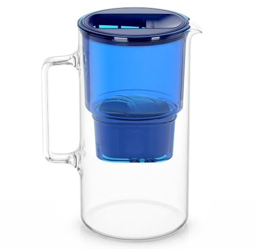 Wessper Wasserfilterkanne aus Glas 3L - Kompatibel mit Brita Maxtra - Inklusive 1 Wasserfilter-Kartusche, Reduziert Kalk und Chlor, Marineblau
