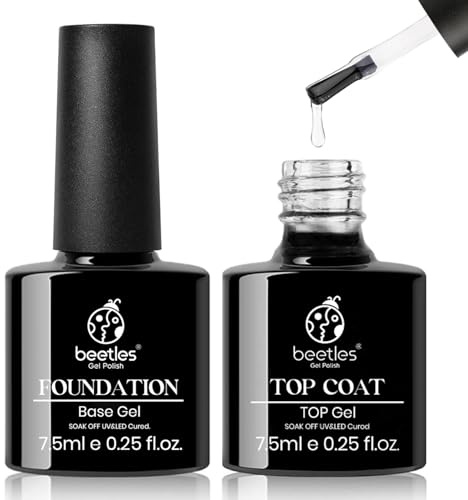 Beetles Gel Polish No Wipe Top and Base Coat Set, 2pcs 7.5ml Clear Glossy Shine Finish Long Lasting Soak Off LED Lamp Nail Polish
