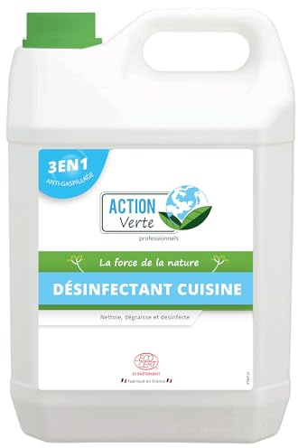 ACTION VERTE - Désinfectant cuisine - Nettoie, dégraisse et désinfecte - Label Ecocert - Formule naturelle - Contact alimentaire - 5L - Fabrication française