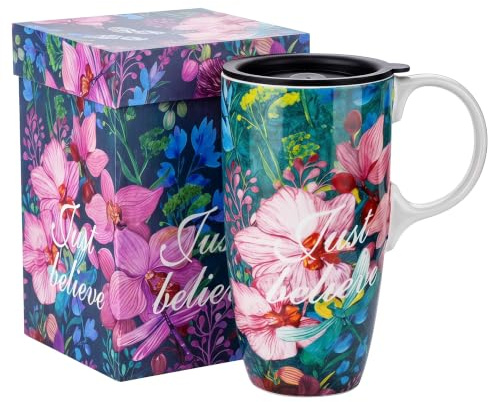 DUSVALLY Ceramic Travel Mug with Lid, 500ml/17oz Large Coffee Mug with Handle, Elegant Botanical Floral Design, Microwave & Dishwasher Safe, Gift Box Included