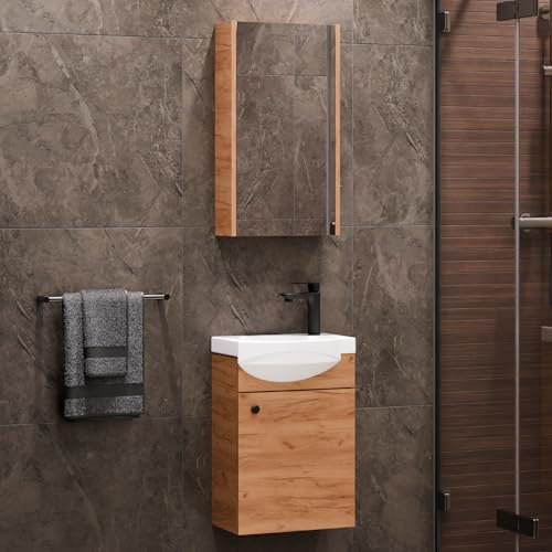 Planetmöbel Badmöbel Set Waschtisch mit Unterschrank | 40 x 60 x 29 cm, Spiegelschrank 40 cm für Badezimmer, Gäste WC & Bad, Gold Eiche