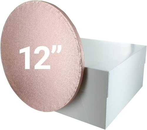 Culpitt 12 Rose Gold Cake Board & White Cake Box Combo, Round Drum With Matching Box, 0.5'' (13mm) Thick, Square Transport, 12 Inch, Single Pack | 13mm Thick, Rose Gold Board & White Box, Fits 10 Sponge Or 9 Fruit Cake, Gloss Finish, Easy To Assemble