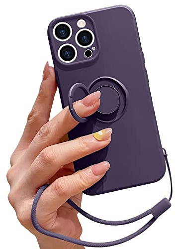 Pepmune for iPhone 14 Pro Silicone Case with Ring Holder-Dark Purple | Kickstand Magnetic Car Mount,Detachable Wrist Strap,Shockproof Soft Protective Cover