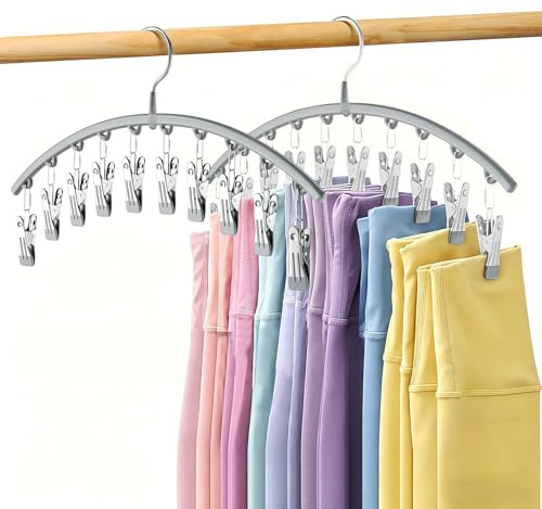 Volnamal Legging Organizer for Closet, Metal Yoga Pants Hanger w/Rubber Coated 2 Pack w/10 Clips Hold 20 Leggings, Hangers Space Saving Hanging Closet Organizer for Closet Organizers and Storage-Grey
