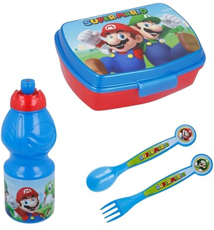 Super Mario Kit de Almuerzo, Porta Alimentos Infantil para Colegio, Incluye Fiambrera Sandwichera, Botella Reutilizable, Cubiertos, Porta Merienda para Niños