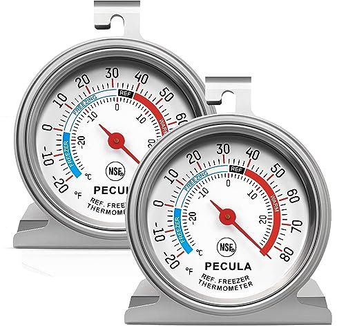 PECULA 2 Pack Refrigerator Thermometer Large Dial, Freezer Thermometer -30-30 Deg ℃/-20-80 Deg ℉, Fridge Thermometer by Stainless Steel, Thermometer for Fridge Suitable for Refrigerators and Freezers