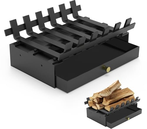 Pearwow Fireplace Grate with Ash Tray Kit,14 Inch Wide Heavy Duty Solid Steel Bar Fire Grates and Fireplace Ash Pan,Wrought Iron Fireplace Log Grate Fireplace Ash Tray Kit for Indoor Outdoor Firewood
