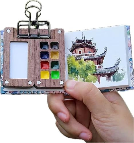 Reisefarben-Set mit 8 Grids Mini-Holzpalettenbox, 6 cm x 6 cm Mini-Aquarell-Skizzenbuch und einem Messingclip für Aquarellmalerei, Acrylmalerei
