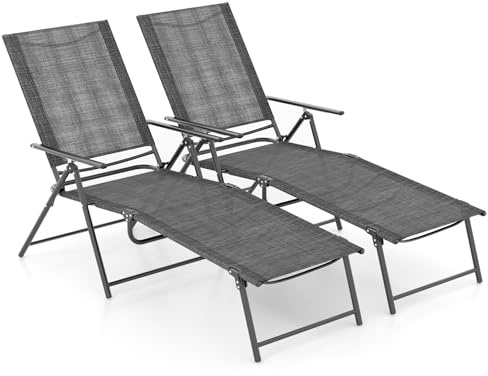 GOPLUS Sonnenliege 2er Set klappbar, 189cm Gartenliege aus Metall bis 150kg Belastbar, Liegestuhl mit Verstellbarer Rückenlehne, Fußstütze, Relaxliege für Strand Balkon Garten Hof Veranda (Grau)
