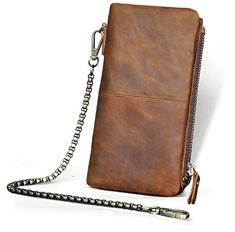 LVUNZJCA Herren-Geldbörse mit Kette Leder Fashion Check Book Card Box Buckle Chain Organizer Wallet