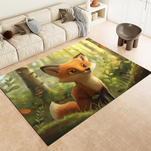 Srigzcaly Kinderzimmer Teppich 80x150cm - Cartoon-Fuchs Mit Tiermotiv Flanell Kurzflor Teppich für Schlafzimmer, Spielzimmer, GrüN Weiche rutschfeste Teppich Waschmaschinenfest Teppiche