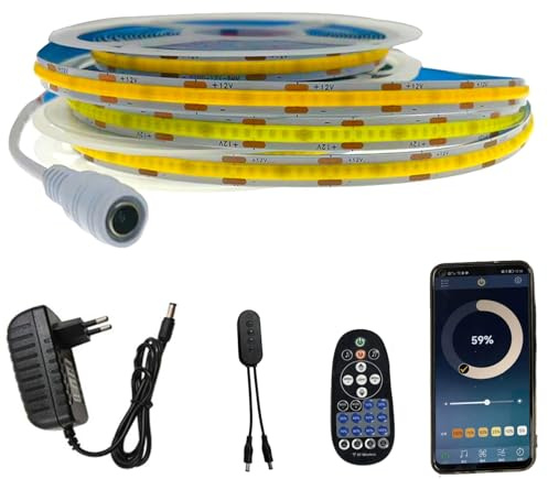 FOLGEMIR 1m COB LED Streifen Neutralweiß 4000K, Dimmbar 8mm Strip, Bluetooth APP kontrolliert, selbstklebend, Flexibel Lichtleiste mit 12V Netzteil & RF Fernbedienung