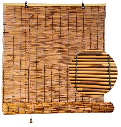 MIAONING Retro Schilf Vorhang Wetterfest Verdunkelungsrollo 65 75 85 95 105 115cm Breite Einfach AufzuhäNgen Bambusrollo Für Fenster Terrasse und Garten 70% Beschattungsgrad
