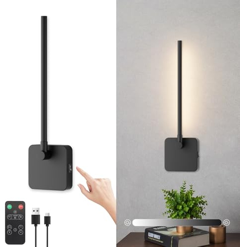 Klighten Led Wandleuchte Innen Mit Akku Kabellose, 3W 3000K Wandlampe Innen mit Fernbedienung, 5000mAh Batterien Mit USB-C, 350°Drehbare mit Dimmbar und Timing-Funktionen, für Schlafzimmer, Schwarz
