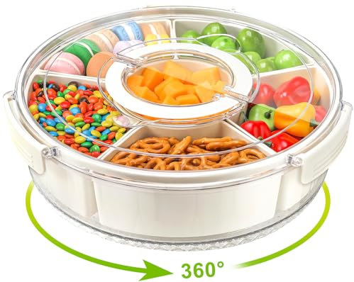 YIYICO Snackbox mit Fächern Snackteller mit Deckel 12Inch Snack Spinner Snack Box Snackschale Snacktablett Snackdose Organizer Große Snack Aufbewahrungsbox Drehbar Box für zb Süßigkeiten Obst
