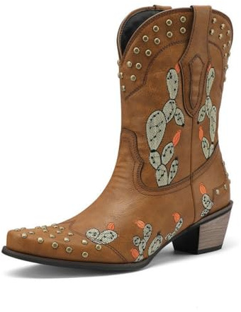 HXTYXCQ Mujer Punta Puntiaguda Botas De Media Caña con Tachuelas Cuero Pantorrilla Ancha Botas Vaqueras Tacón Grueso Medio Occidentales Botas con Bordado,Marrón,39 EU