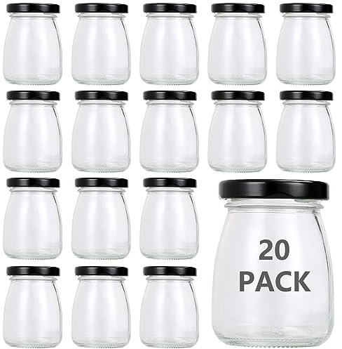MUXHEL 20 bicchieri da yogurt da 100 ml, con coperchio nero, piccoli barattoli di vetro, mini bottiglie di vetro per marmellata, miele, gelatina, mousse