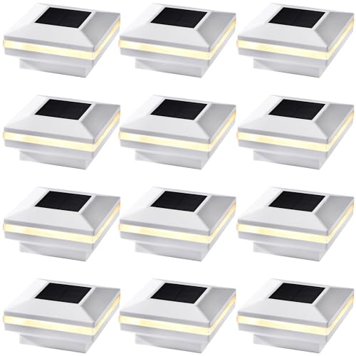 Dynaming 12 Pack Solar Post Lights, Outdoor Solar Powered Decorative Post Cap Light, White Shell & Warm White LED Lighting for Fence Deck Patio, Only Fit 3.5x3.5 Wooden Posts