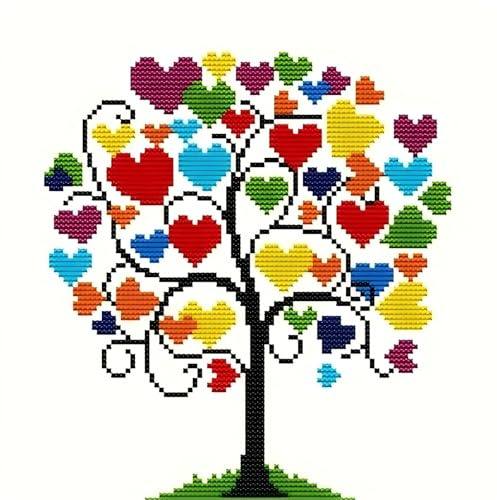 HKLIOPU Kreuzstich Set Vorgedruckt,11 CT Kreuzstich Stickpackungen,herzförmiger Baum DIY Stickbilder Vorgedruckt Kreuzstich für Wandkunst-Heimdekoration 30x30cm