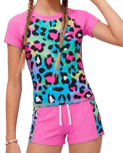 JiAmy Flickor baddräkt barn tvådelad kortärmad baddräkt UV solskydd badkläder sommar strand baddräkt för 4-9 år, Rosa leopard, 5-6 År
