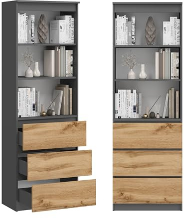 Armadietto multiuso con 3 cassetti e 3 scomparti, armadio da ufficio, mobiletto portaoggetti 180 x 60 x 35 cm (grafite/rovere wotan)