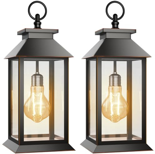 AYTPU 2 Pack Hanging Solar Lanterns Glass Solar Lights Outdoor Waterproof Upgraded Solar and AA Battery Powered, for Outside Porch, Patio and Indoor Tables, Mantelpiece
